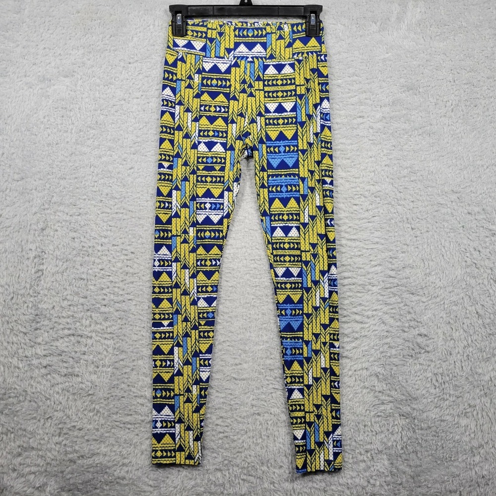 LuLaRoe One Size Leggings Yellow Blue Geometric Print